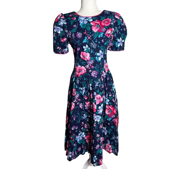 Vintage Jodi Michaels Floral Fit Flare Dress Small Navy Pockets Bow Zipper - Picture 1 of 8